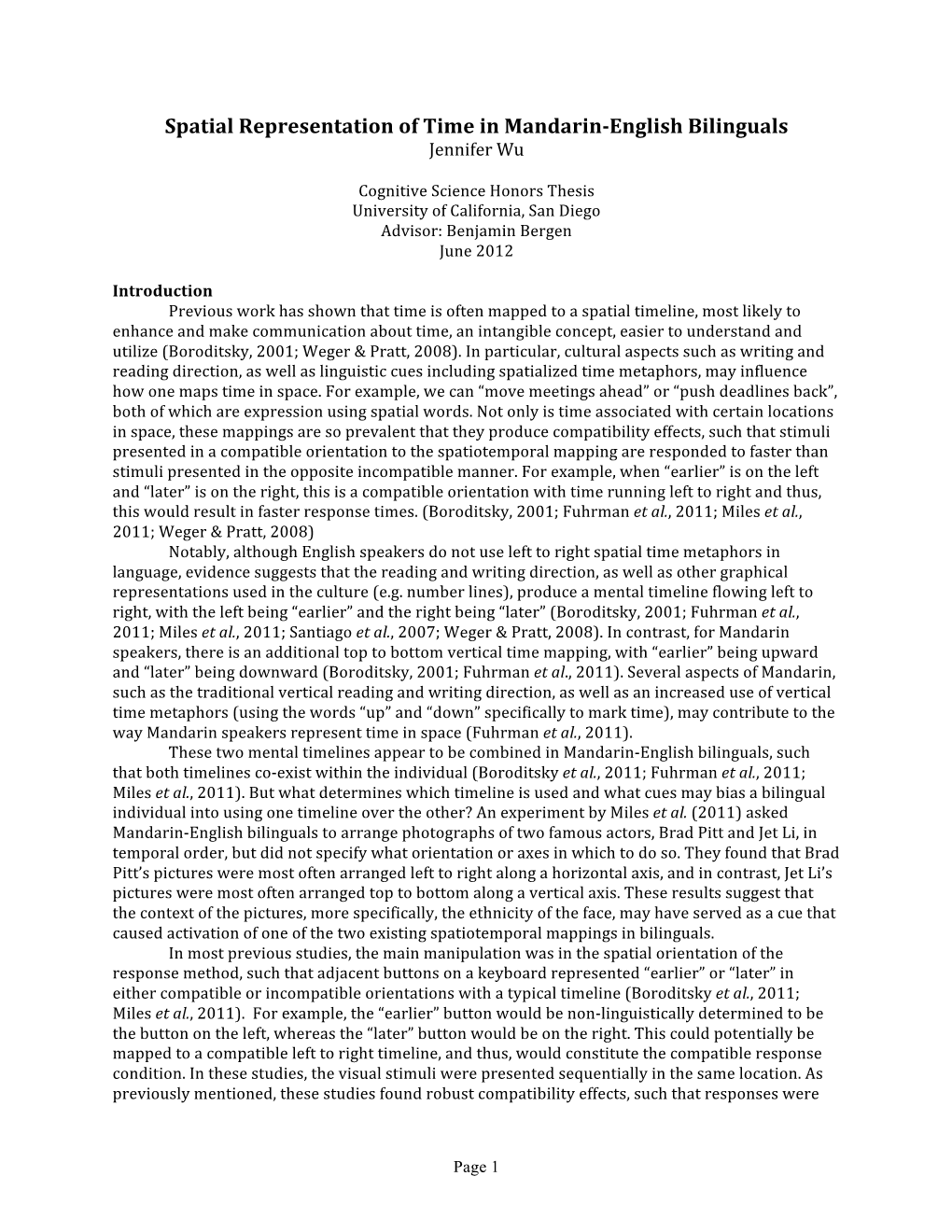 Spatial Representation of Time in Mandarin-‐English Bilinguals