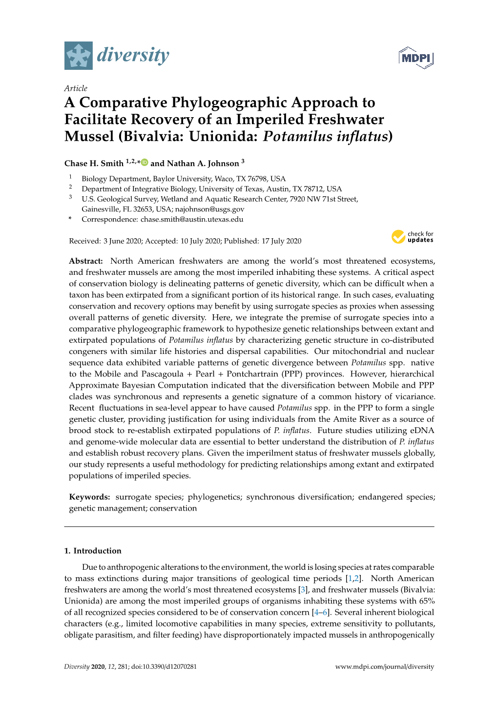 A Comparative Phylogeographic Approach to Facilitate Recovery of an Imperiled Freshwater Mussel (Bivalvia: Unionida: Potamilus Inﬂatus)