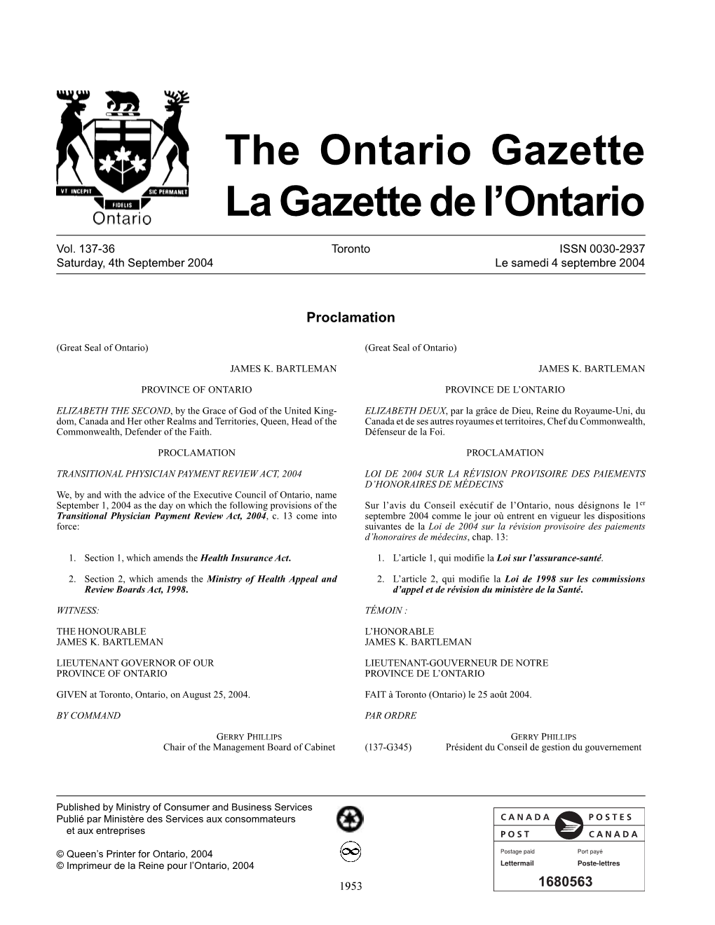 The Ontario Gazette La Gazette De L'ontario