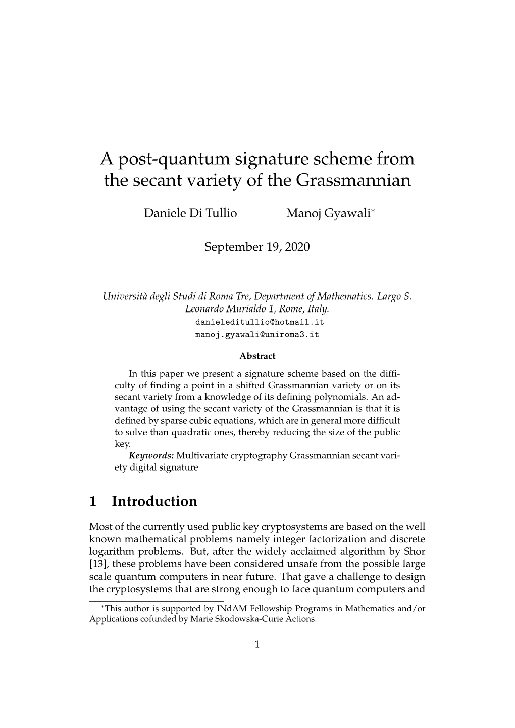 A Post-Quantum Signature Scheme from the Secant Variety of the Grassmannian