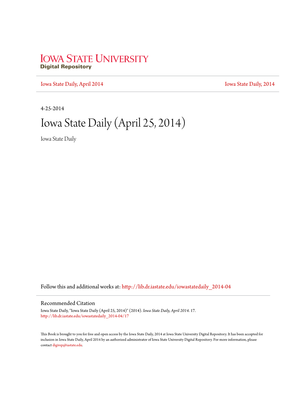 Iowa State Daily, April 2014 Iowa State Daily, 2014