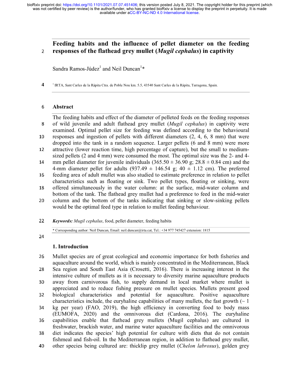 Feeding Habits and the Influence of Pellet Diameter on the Feeding 2 Responses of the Flathead Grey Mullet (Mugil Cephalus) in Captivity