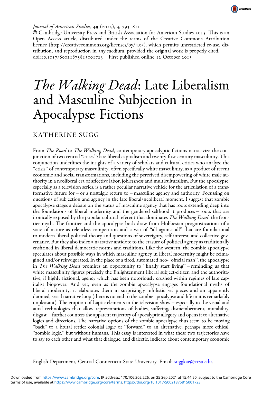 The Walking Dead: Late Liberalism and Masculine Subjection in Apocalypse Fictions