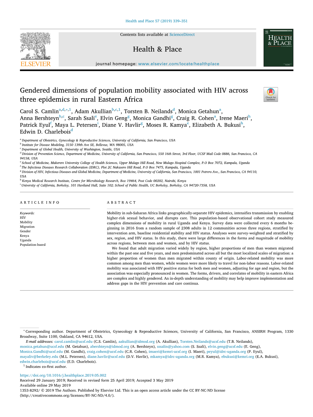 Gendered Dimensions of Population Mobility Associated with HIV Across T Three Epidemics in Rural Eastern Africa ∗ Carol S