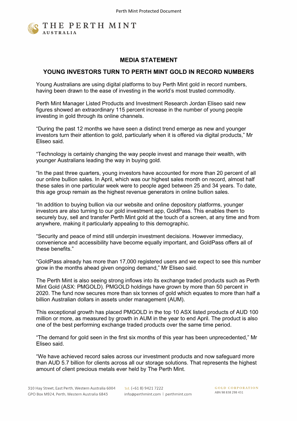 Media Statement Young Investors Turn to Perth Mint Gold in Record Numbers