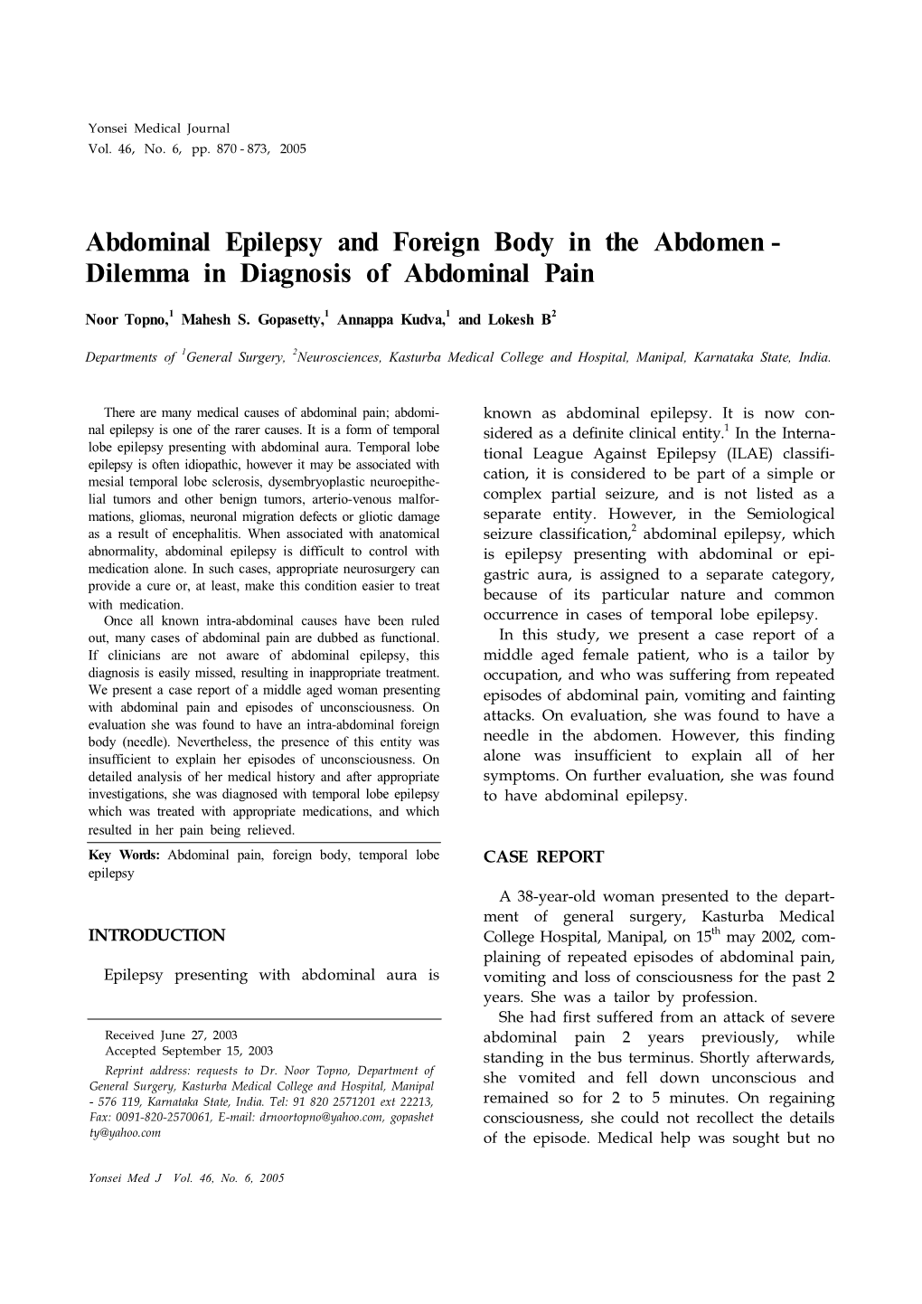 Abdominal Epilepsy and Foreign Body in the Abdomen - Dilemma in Diagnosis of Abdominal Pain