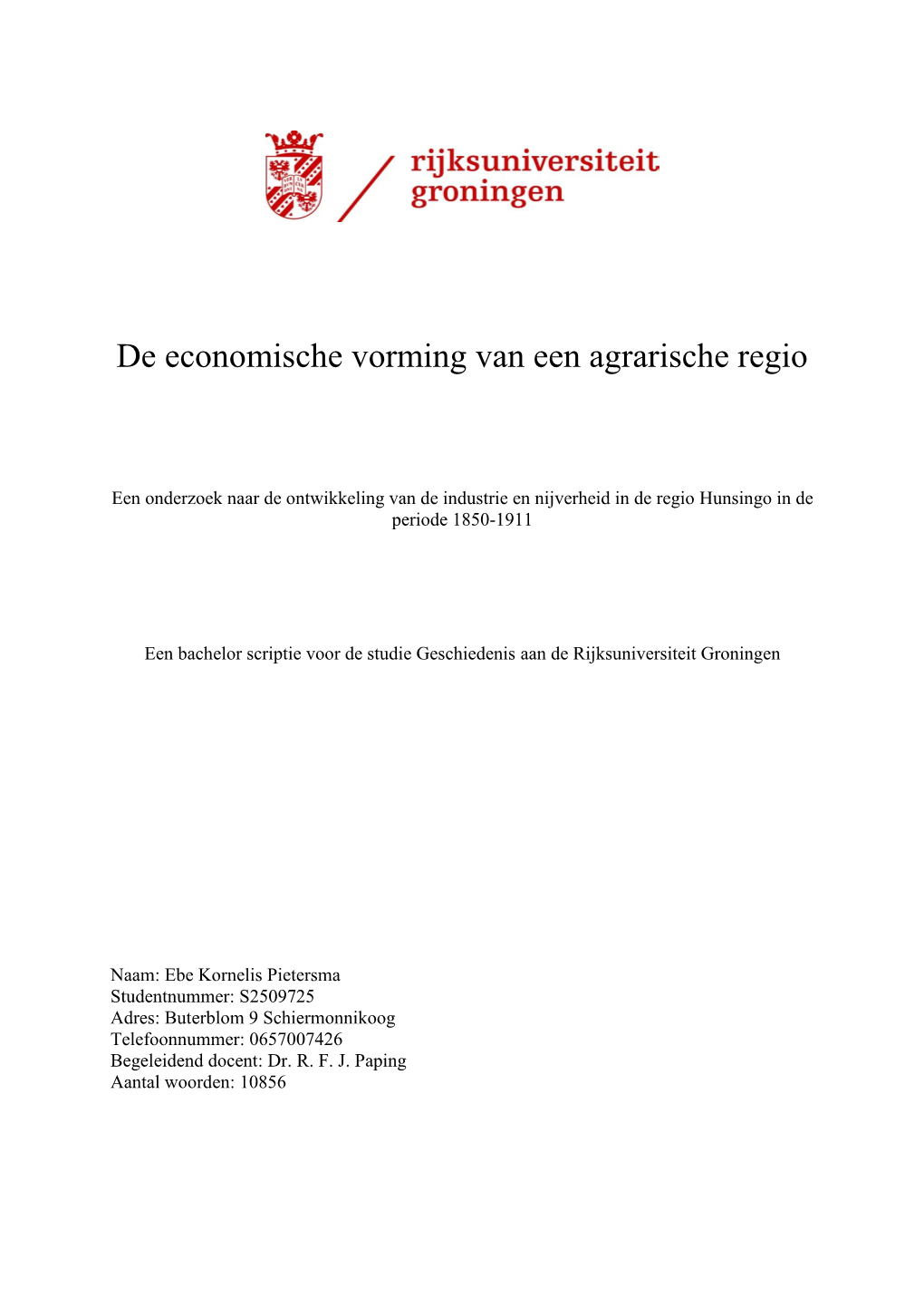 De Economische Vorming Van Een Agrarische Regio