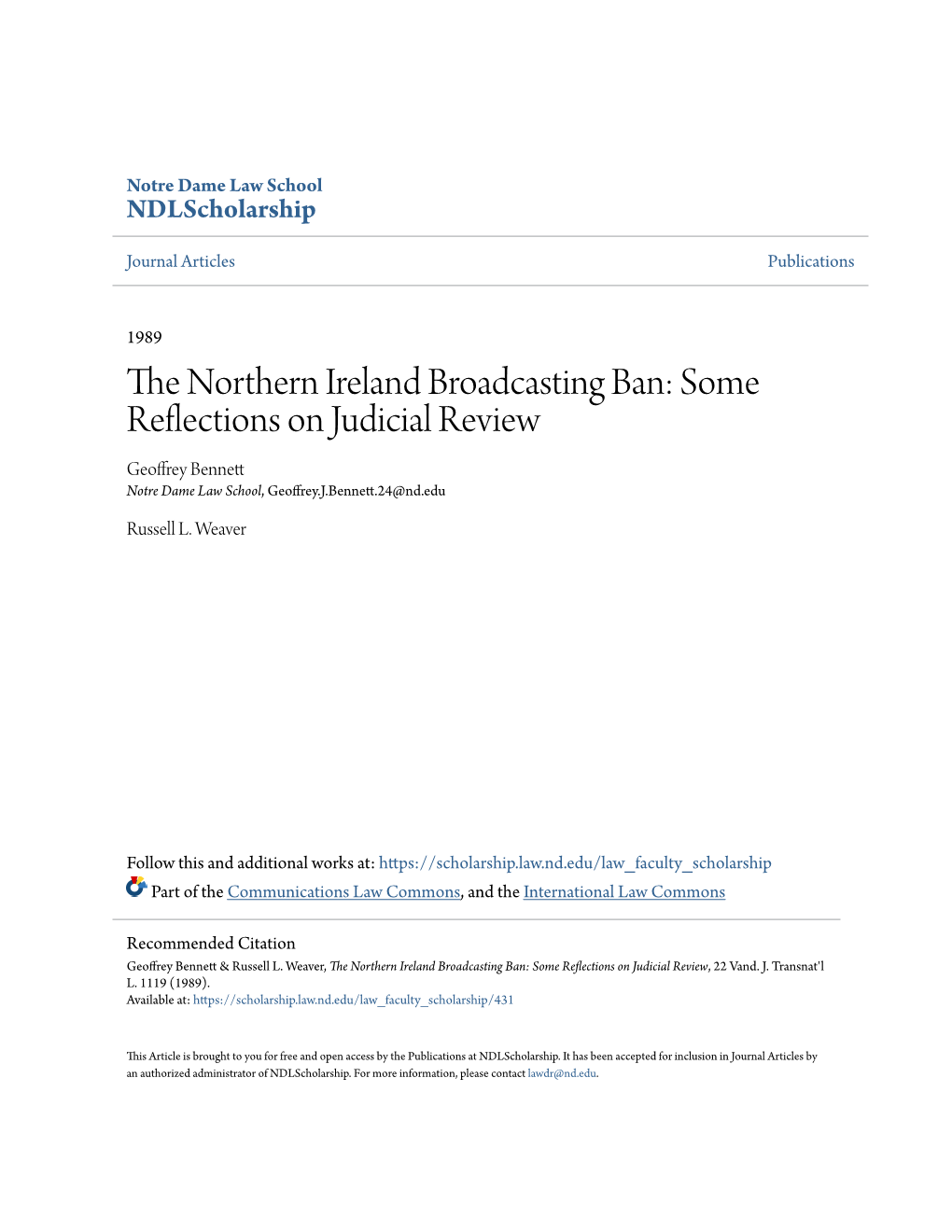 The Northern Ireland Broadcasting Ban: Some Reflections on Judicial Review, 22 Vand