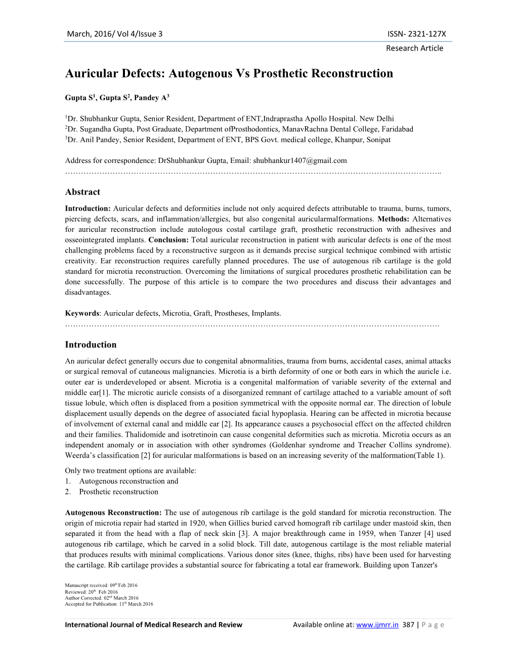 Auricular Defects: Autogenous Vs Prosthetic Reconstruction