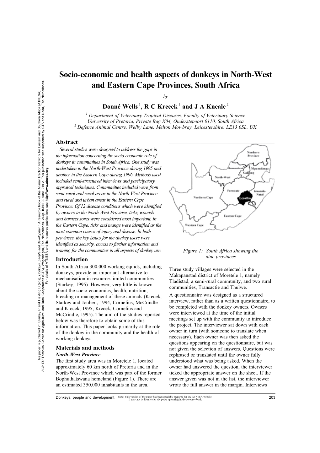 Socio-Economic and Health Aspects of Donkeys in North-West and Eastern