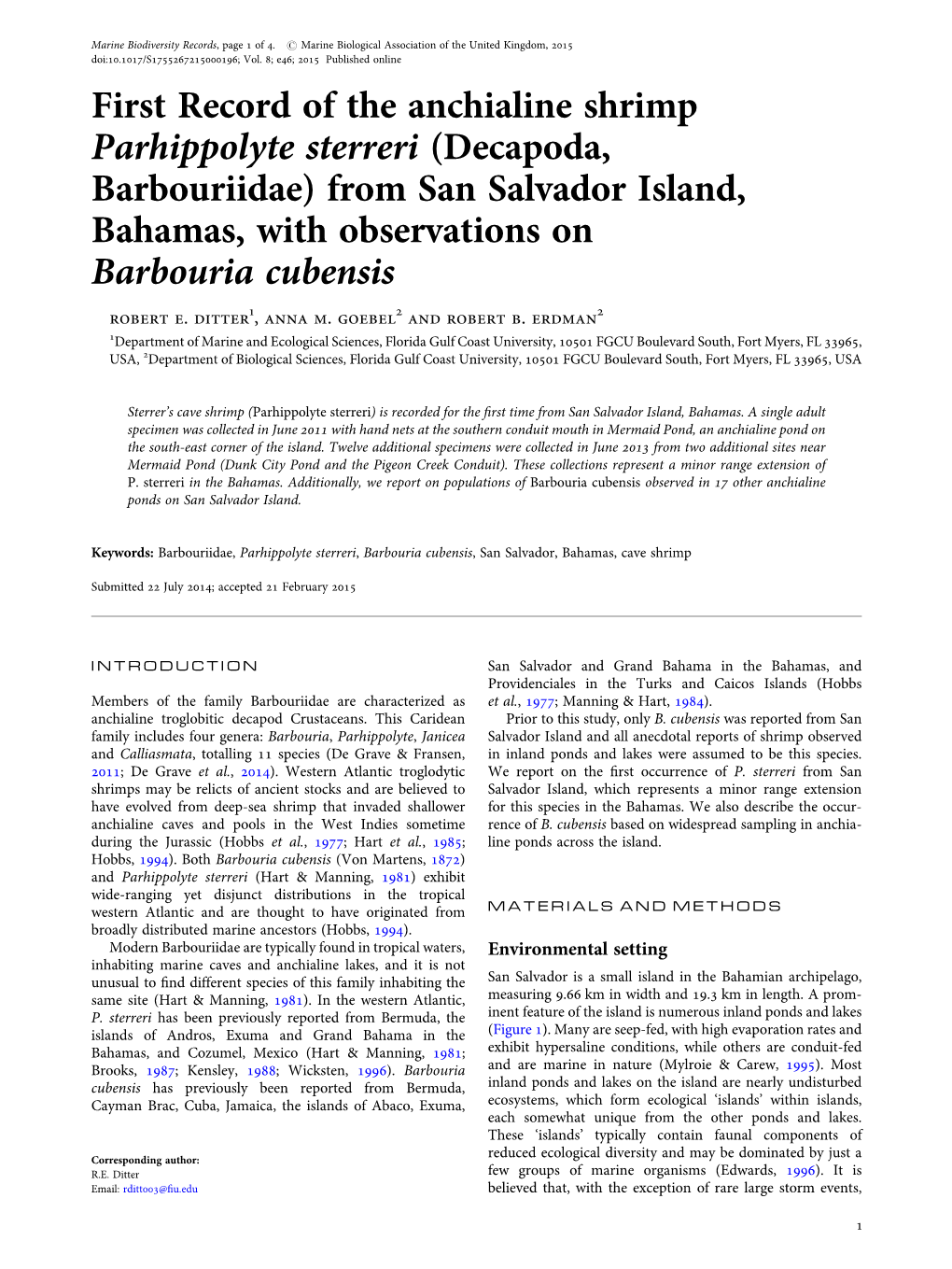 First Record of the Anchialine Shrimp Parhippolyte Sterreri (Decapoda