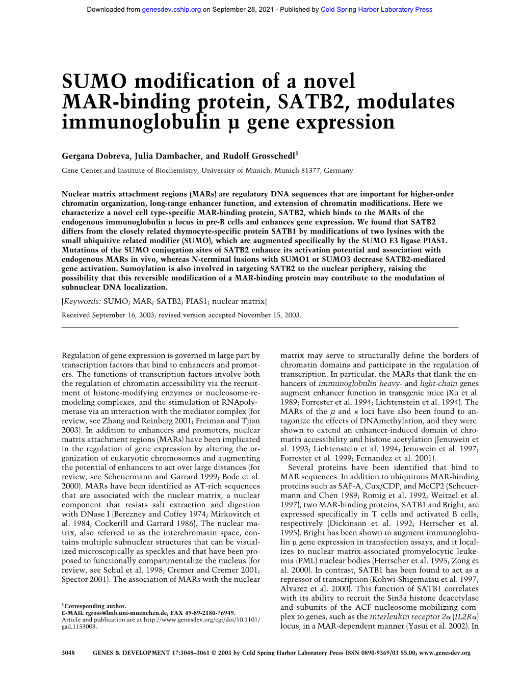 SUMO Modification of a Novel MAR-Binding Protein, SATB2, Modulates Immunoglobulin Μ Gene Expression