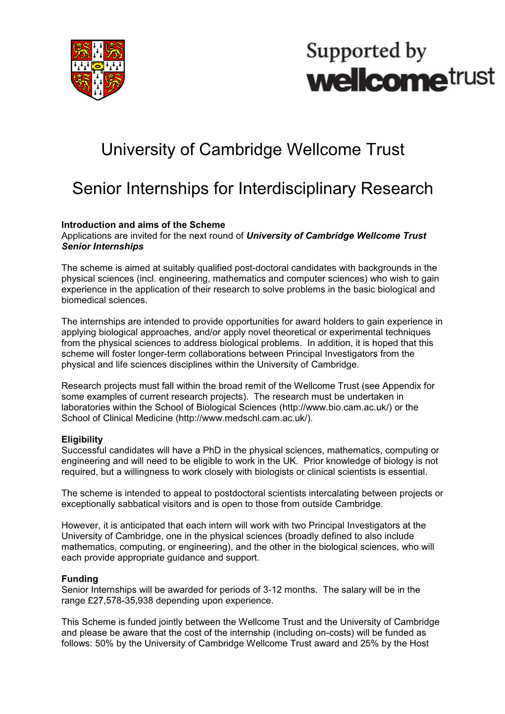 University of Cambridge Wellcome Trust Senior Internships For
