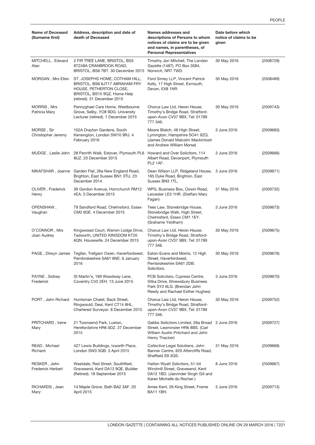 London Gazette | Containing All Notices Published Online on 29 March 2016 | 7221