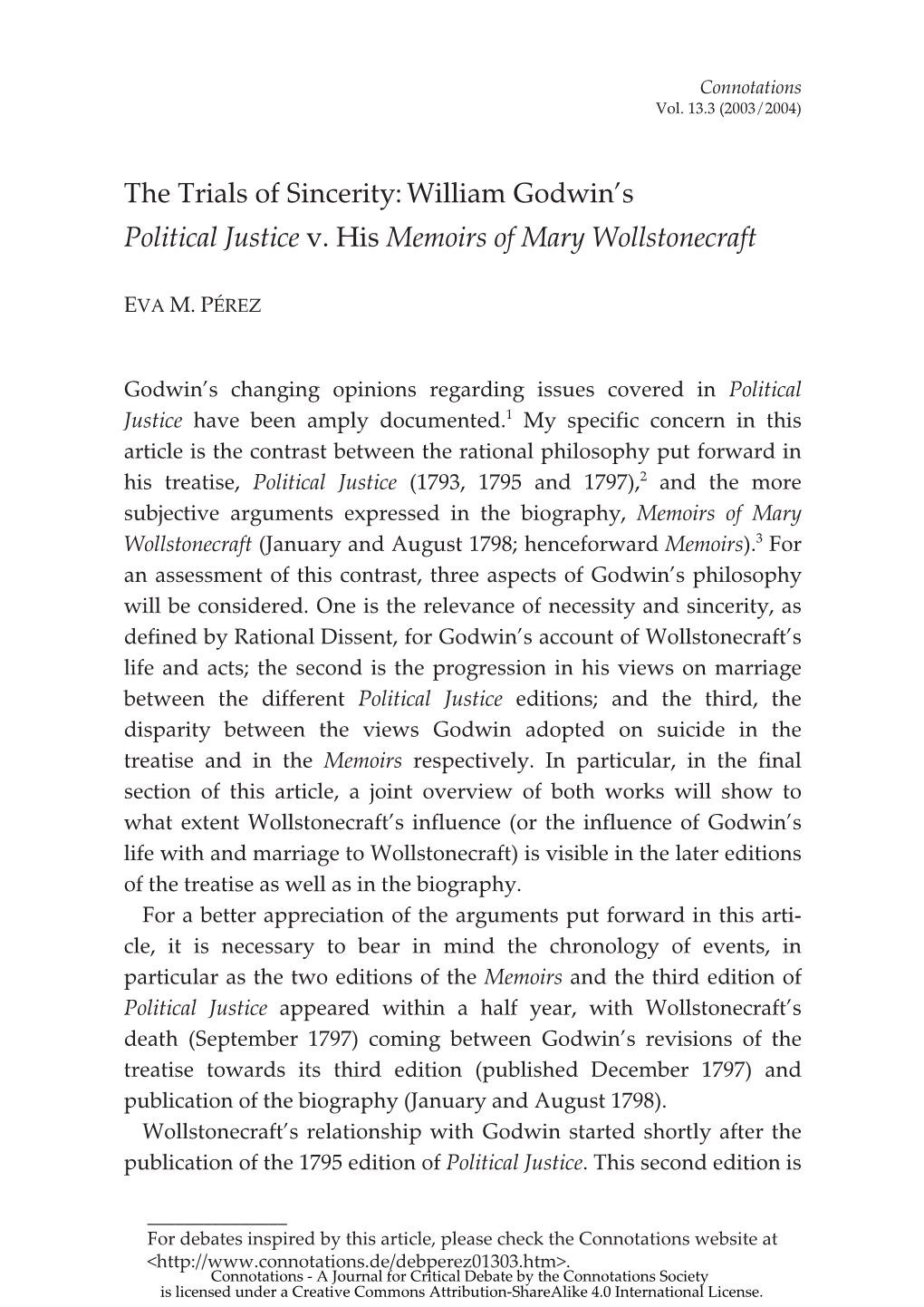 William Godwin's Political Justice V. His Memoirs of Mary Wollstonecraft