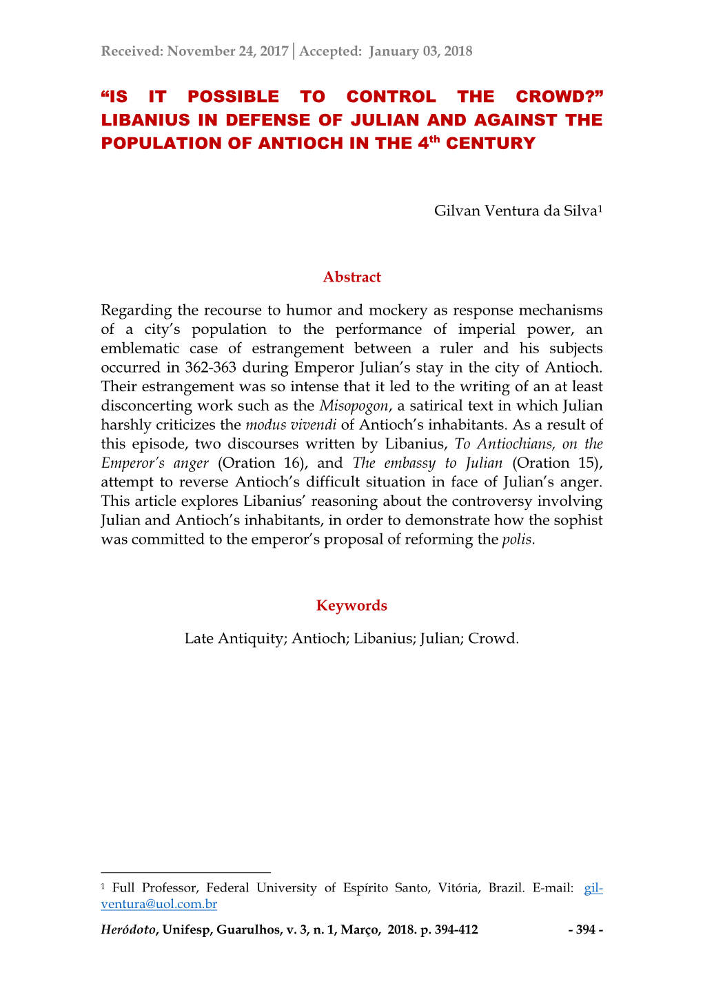 LIBANIUS in DEFENSE of JULIAN and AGAINST the POPULATION of ANTIOCH in the 4Th CENTURY