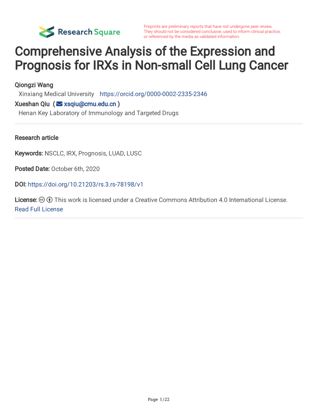 Comprehensive Analysis of the Expression and Prognosis for Irxs in Non-Small Cell Lung Cancer