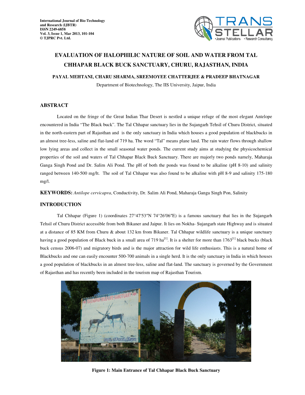 Evaluation of Halophilic Nature of Soil and Water from Tal Chhapar Black Buck Sanctuary, Churu, Rajasthan, India