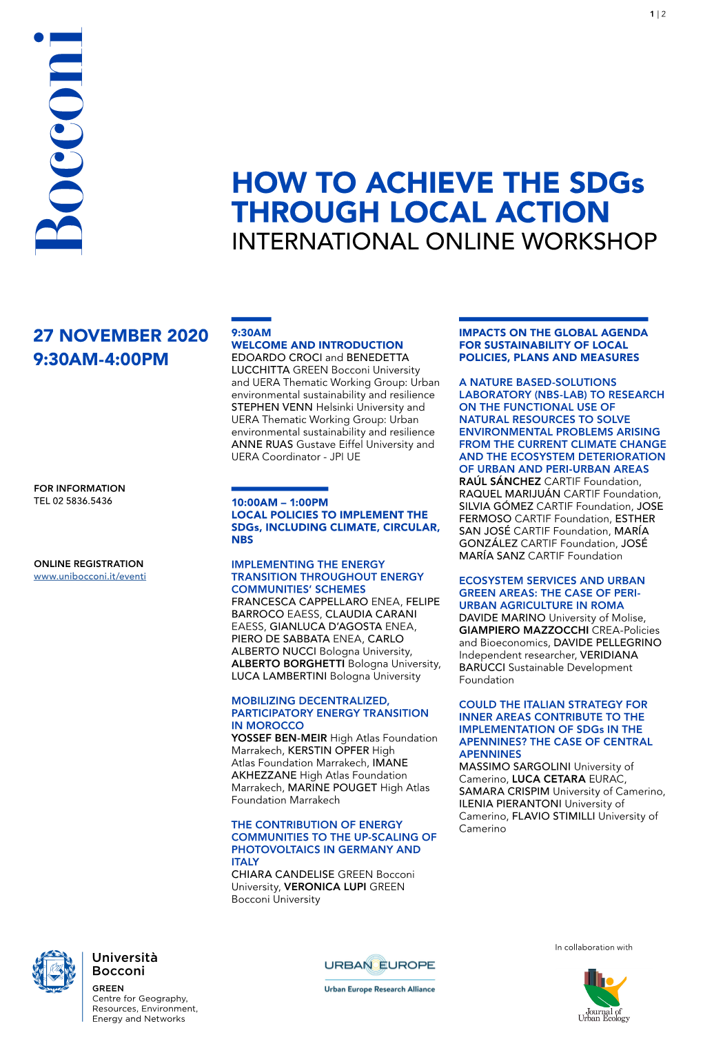 HOW to ACHIEVE the Sdgs THROUGH LOCAL ACTION INTERNATIONAL ONLINE WORKSHOP
