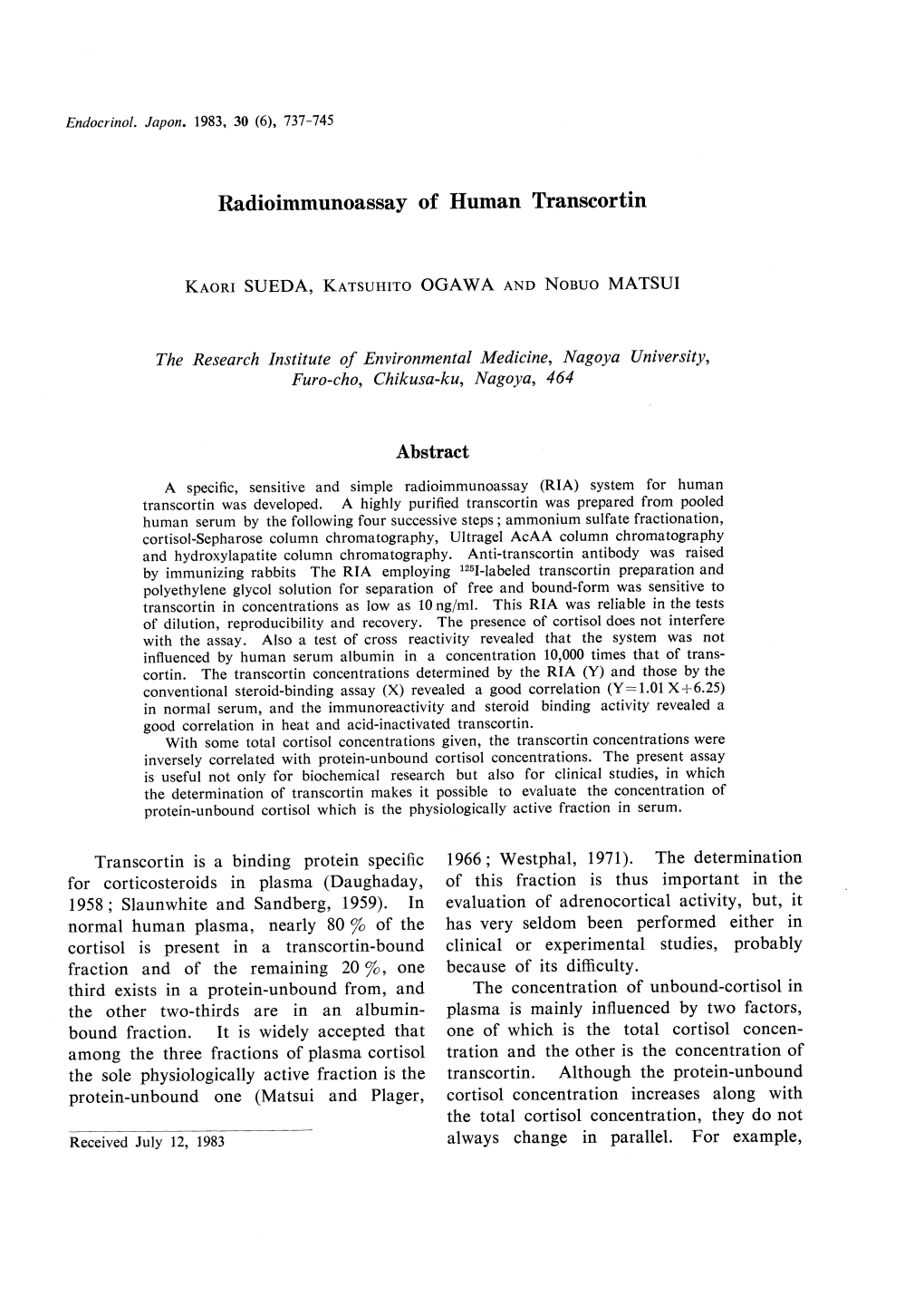 Radioimmunoassay of Human Transcortin the Research