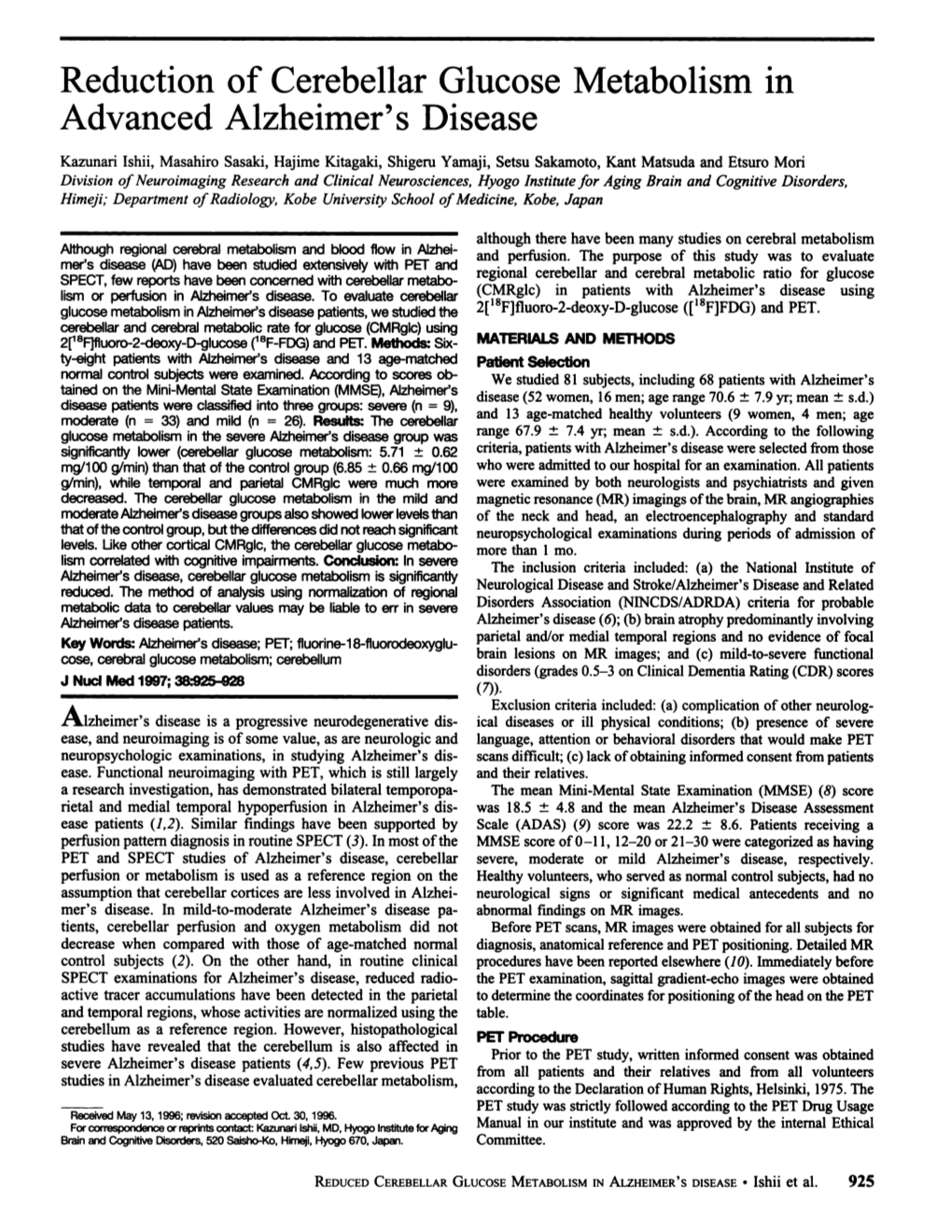 Reduction of Cerebellar Glucose Metabolism in Advanced Alzheimer's Disease