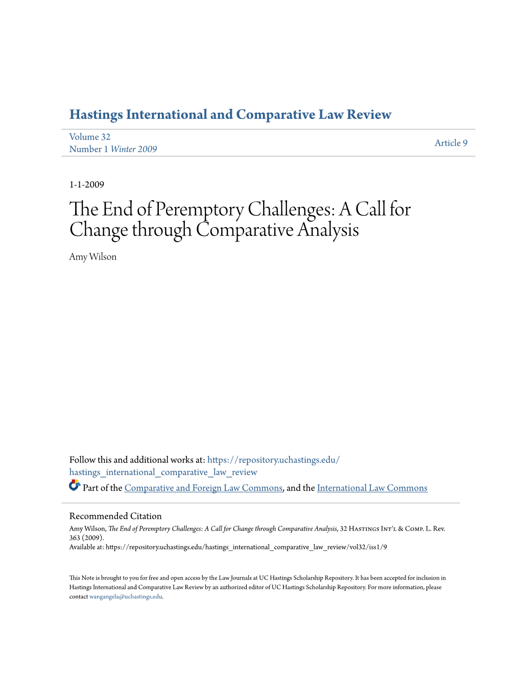 The End of Peremptory Challenges: a Call for Change Through Comparative Analysis, 32 Hastings Int'l & Comp