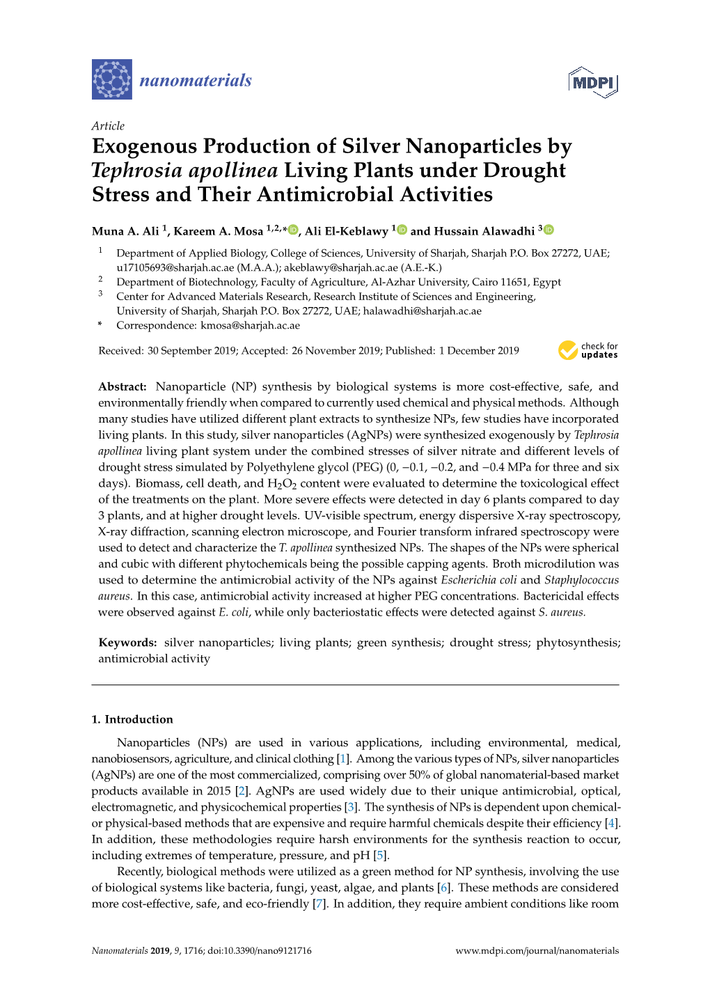 Exogenous Production of Silver Nanoparticles by Tephrosia Apollinea Living Plants Under Drought Stress and Their Antimicrobial Activities