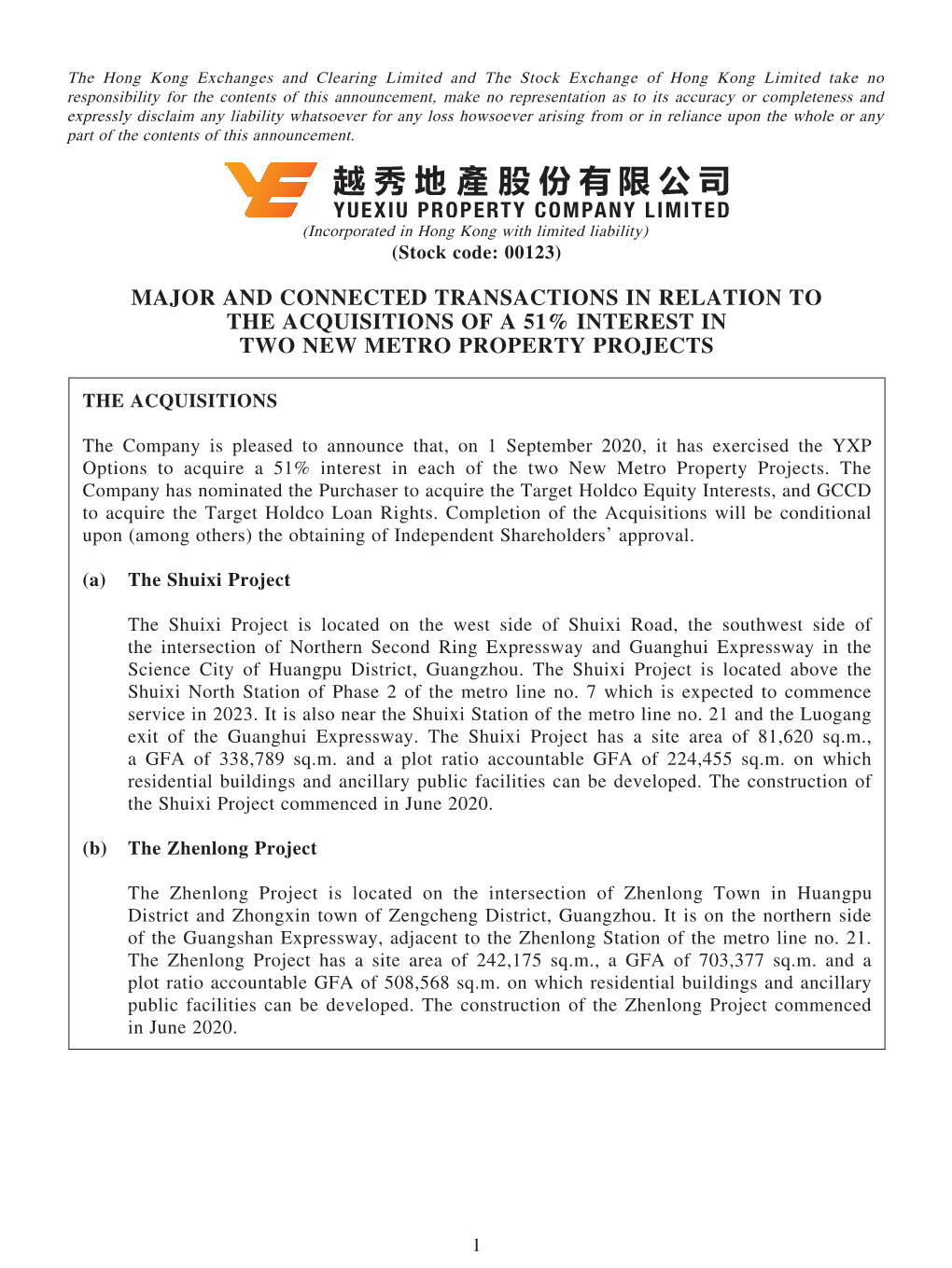 Major and Connected Transactions in Relation to the Acquisitions of a 51% Interest in Two New Metro Property Projects