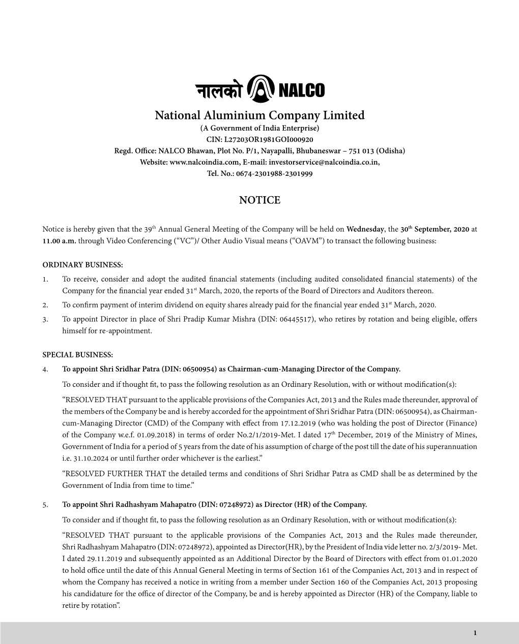 National Aluminium Company Limited (A Government of India Enterprise) CIN: L27203OR1981GOI000920 Regd