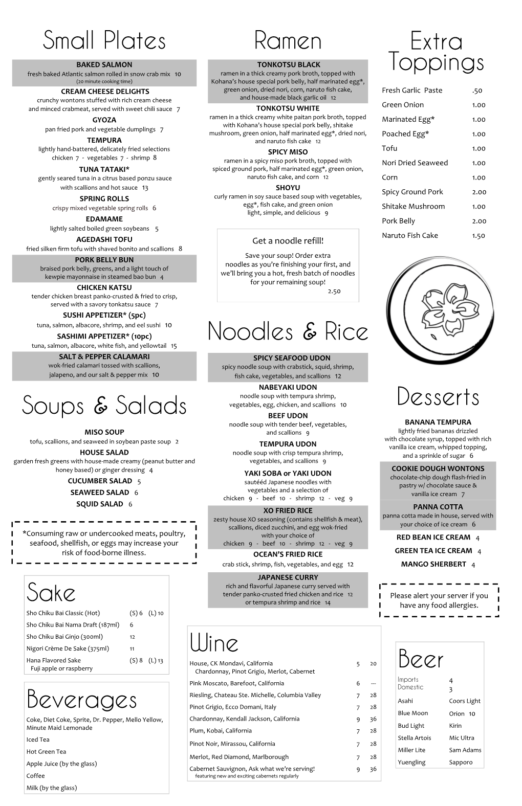 Noodles & Rice Small Plates Soups & Salads Desserts Extra Toppings