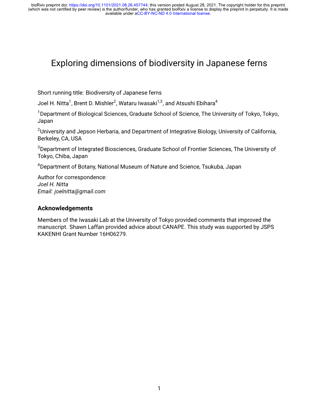 Exploring Dimensions of Biodiversity in Japanese Ferns