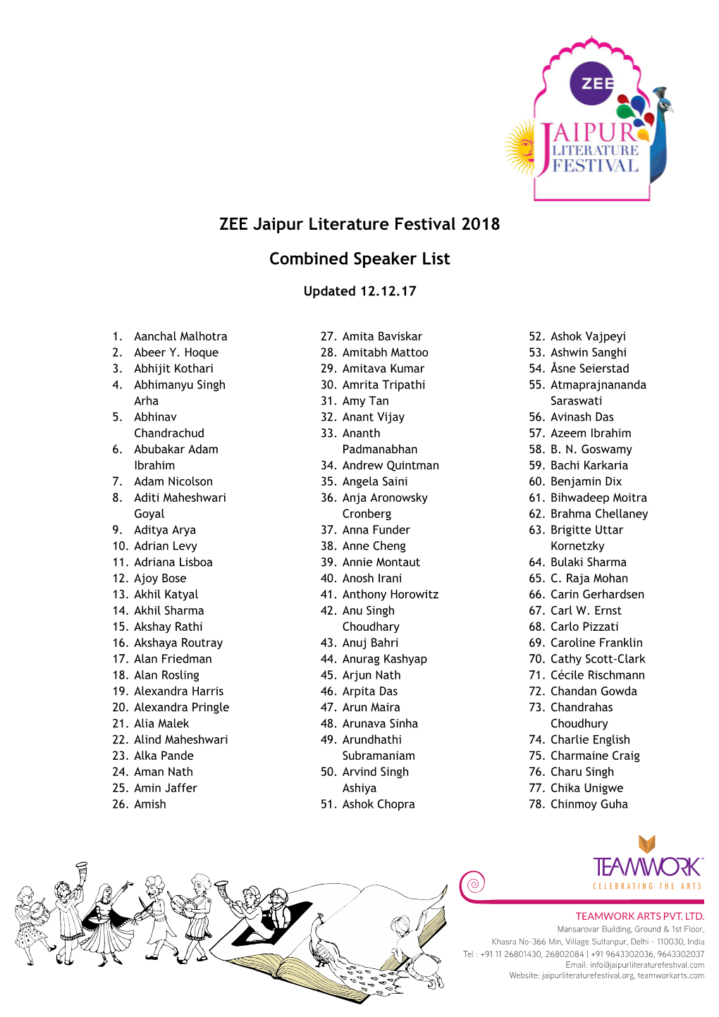 ZEE Jaipur Literature Festival 2018 Combined Speaker List