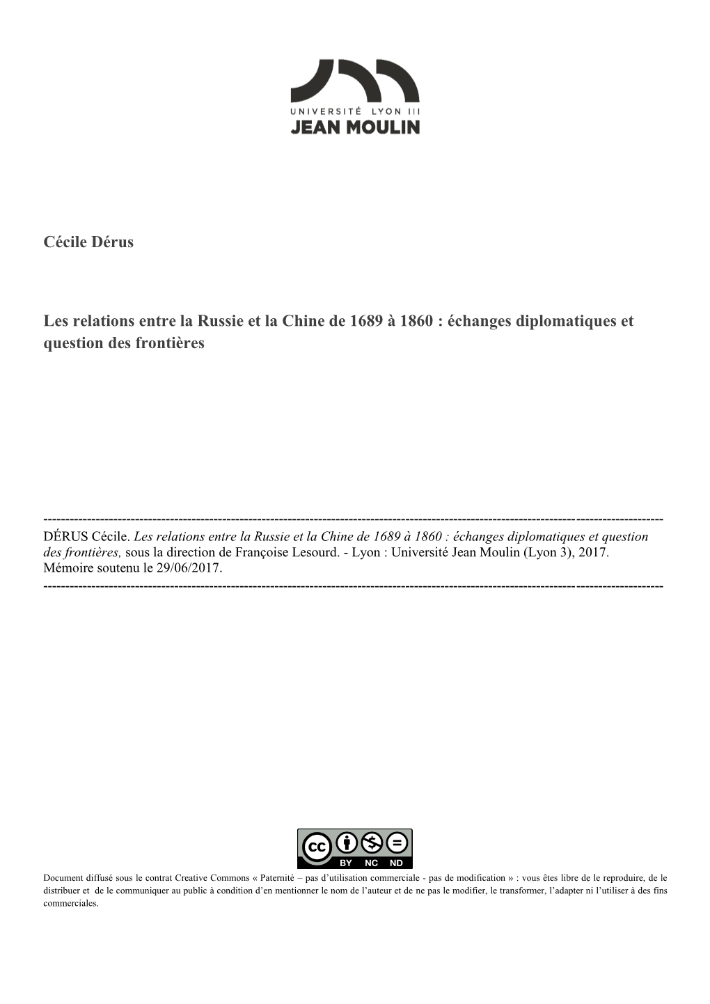 Cécile Dérus Les Relations Entre La Russie Et La Chine De 1689 À 1860