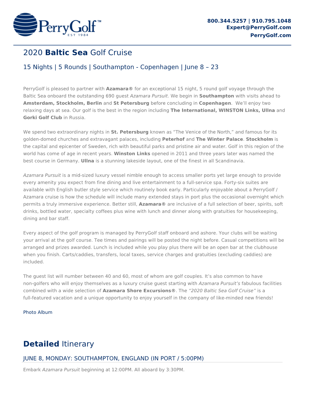 2020 Baltic Sea Golf Cruise Detailed Itinerary