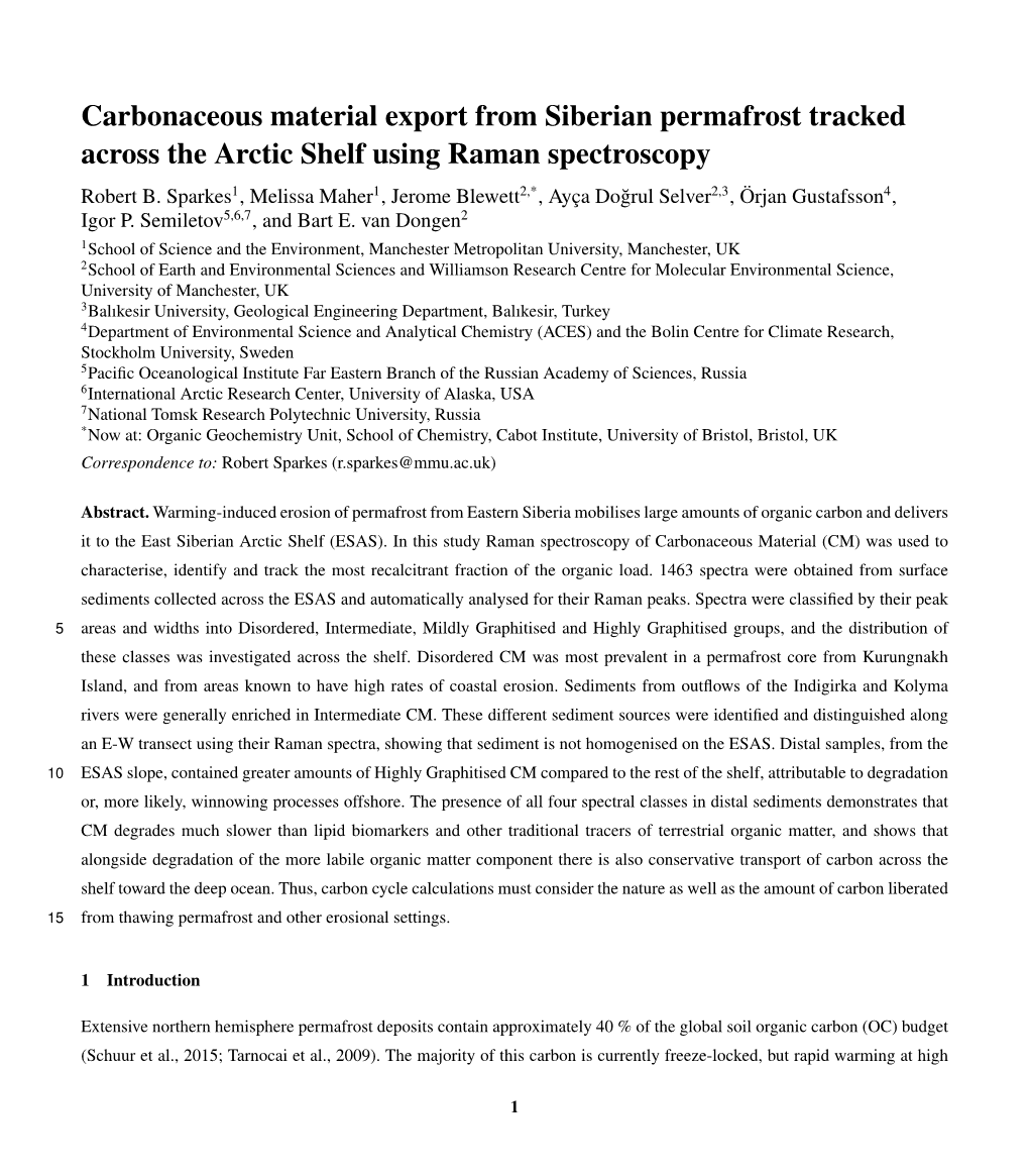 Carbonaceous Material Export from Siberian Permafrost Tracked Across the Arctic Shelf Using Raman Spectroscopy Robert B