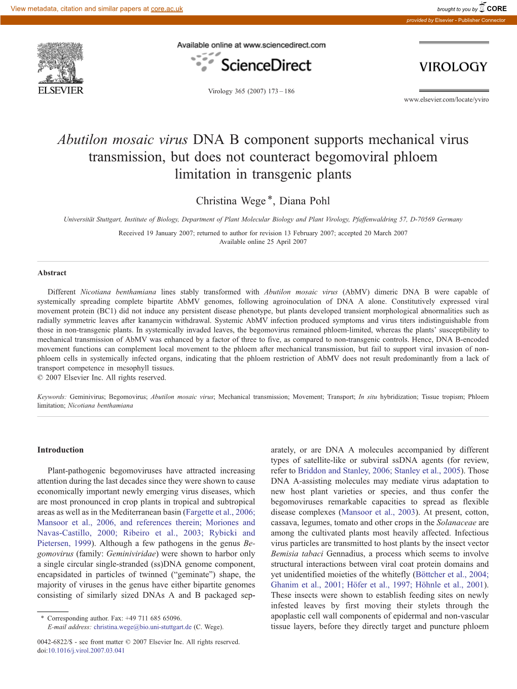 Abutilon Mosaic Virus DNA B Component Supports Mechanical