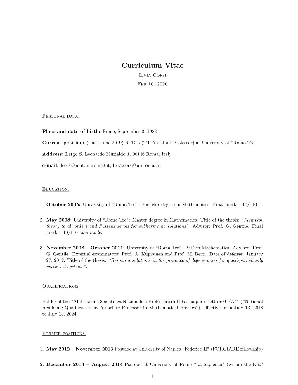 Curriculum Vitae Livia Corsi Feb 10, 2020