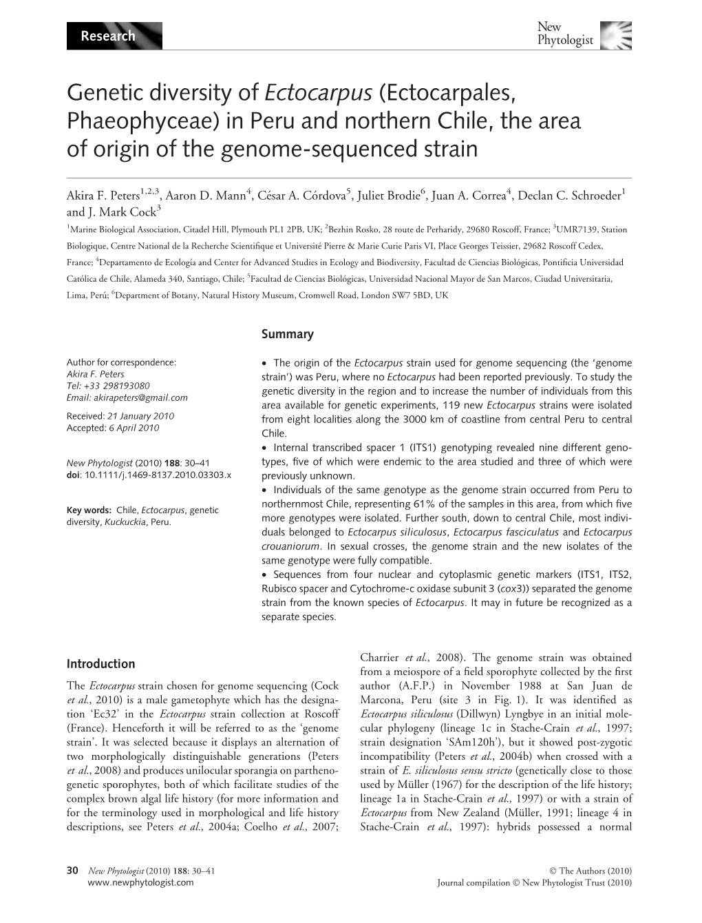 Genetic Diversity of Ectocarpus (Ectocarpales, Phaeophyceae) in Peru and Northern Chile, the Area of Origin of the Genome-Sequenced Strain