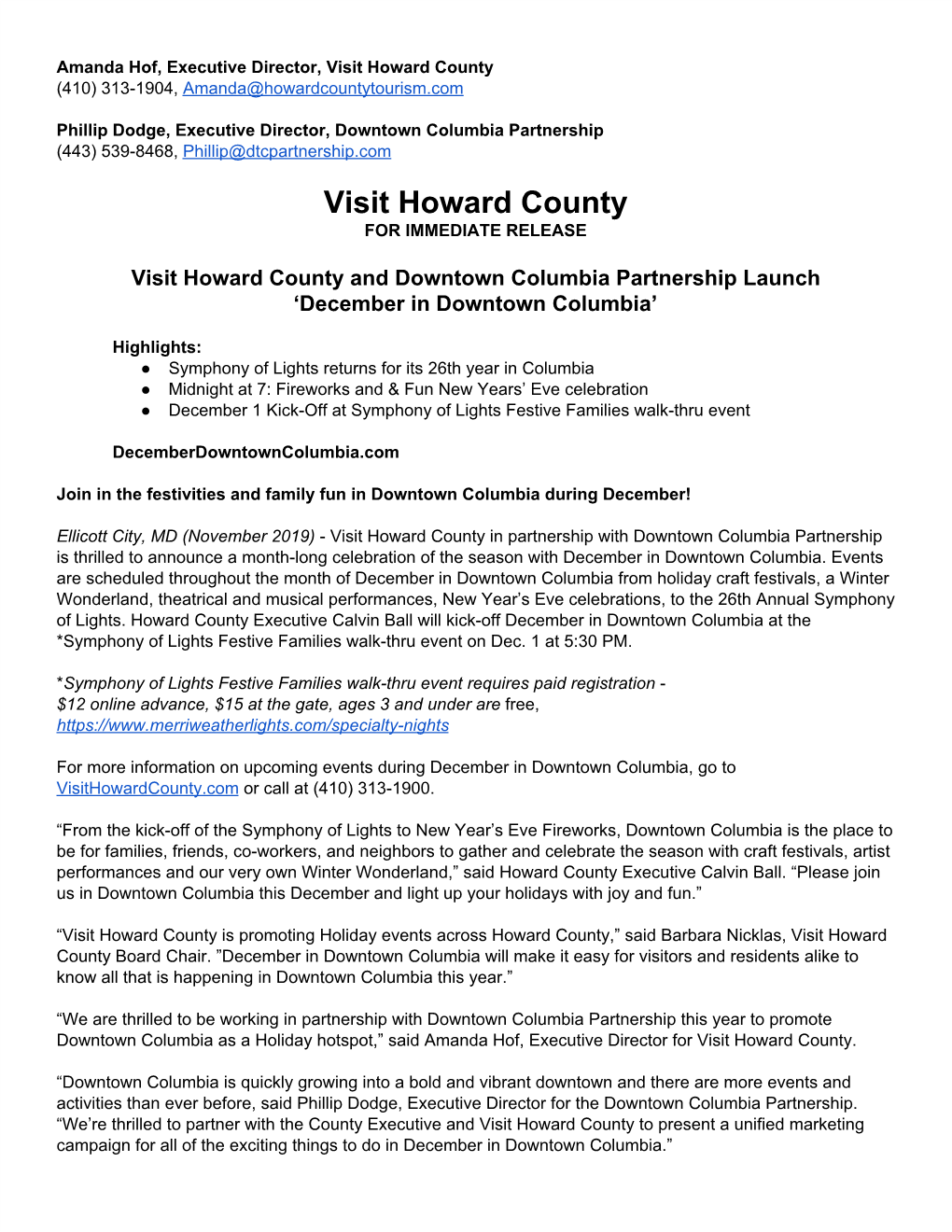 Visit Howard County (410) 313-1904, Amanda@Howardcountytourism.Com ​