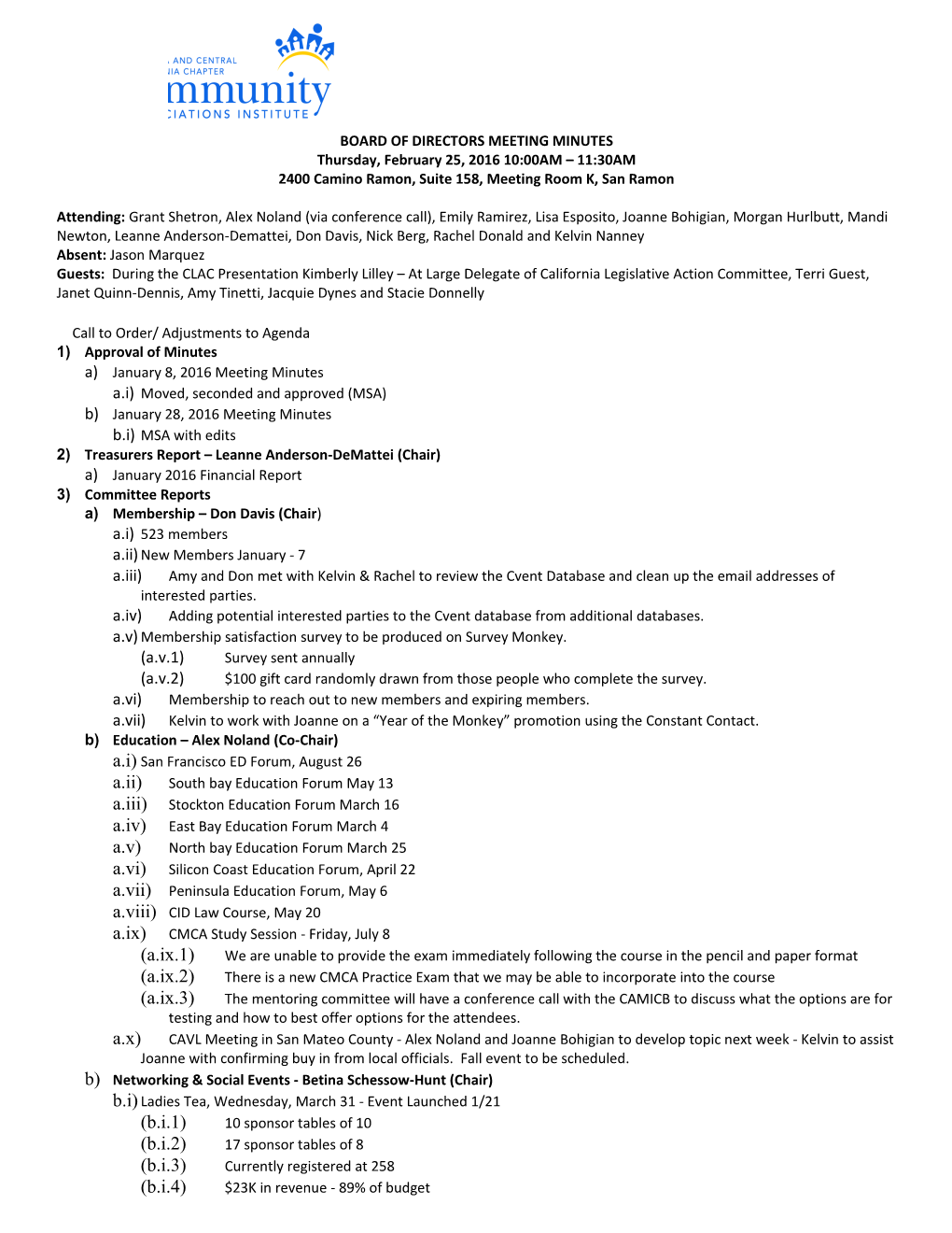 Board of Directors Meeting Agenda and CED Report