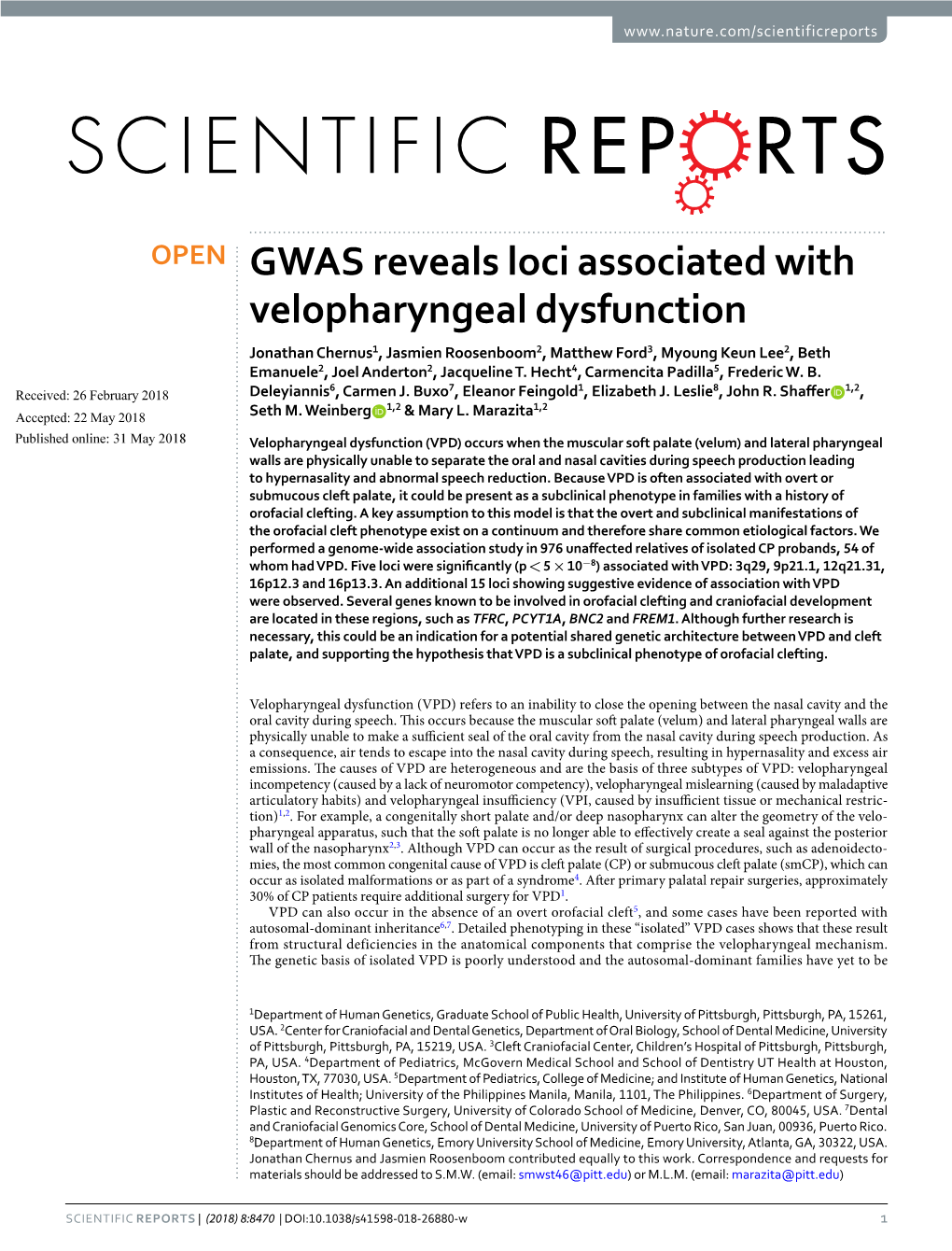 GWAS Reveals Loci Associated with Velopharyngeal Dysfunction