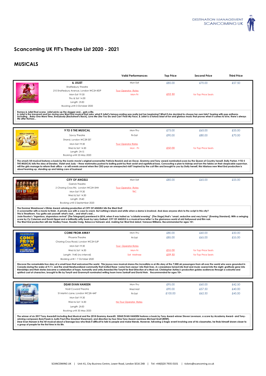 MUSICALS Scancoming UK FIT's Theatre List 2020