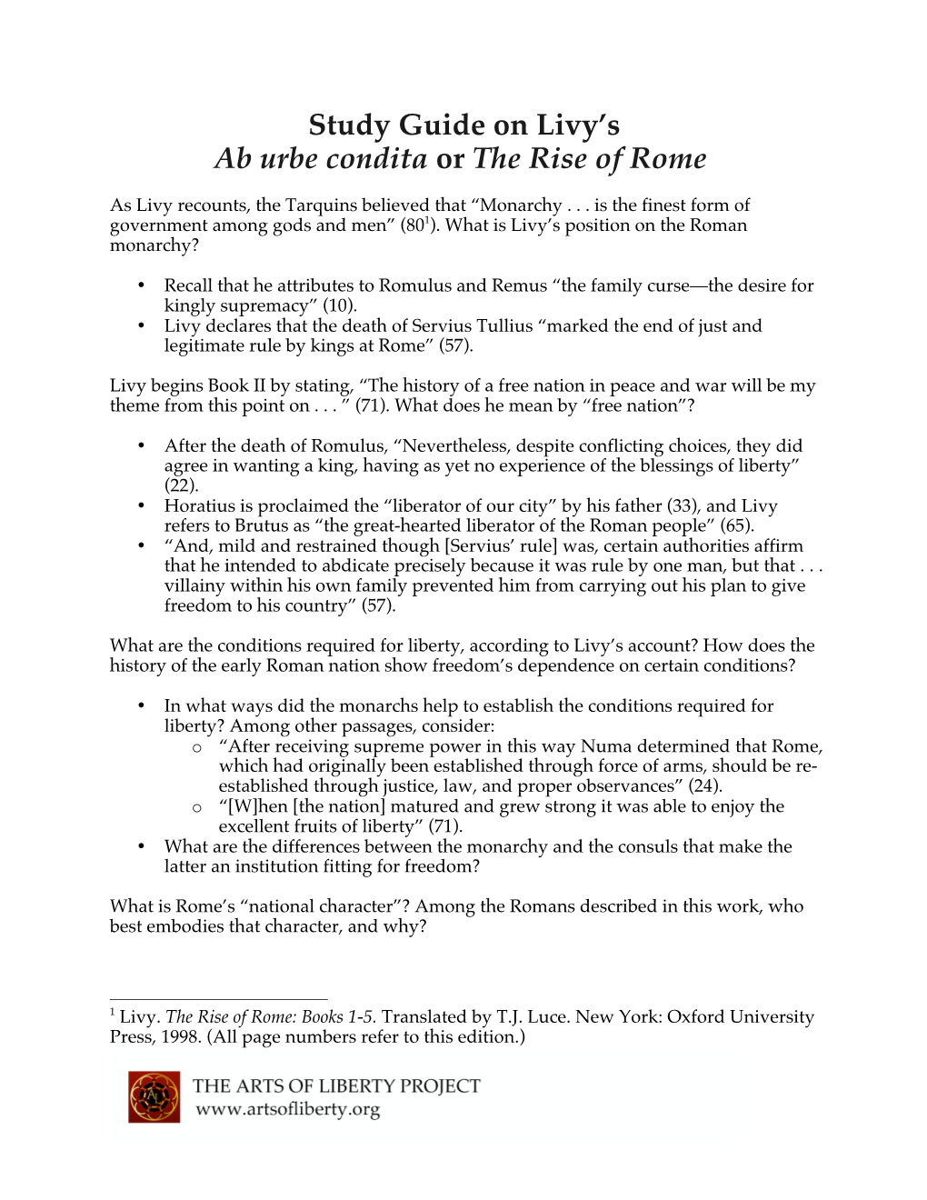 Study Guide on Livy's Ab Urbe Condita Or the Rise of Rome