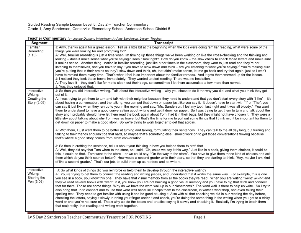 Guided Reading Sample Lesson Level 5, Day 2 Teacher Commentary