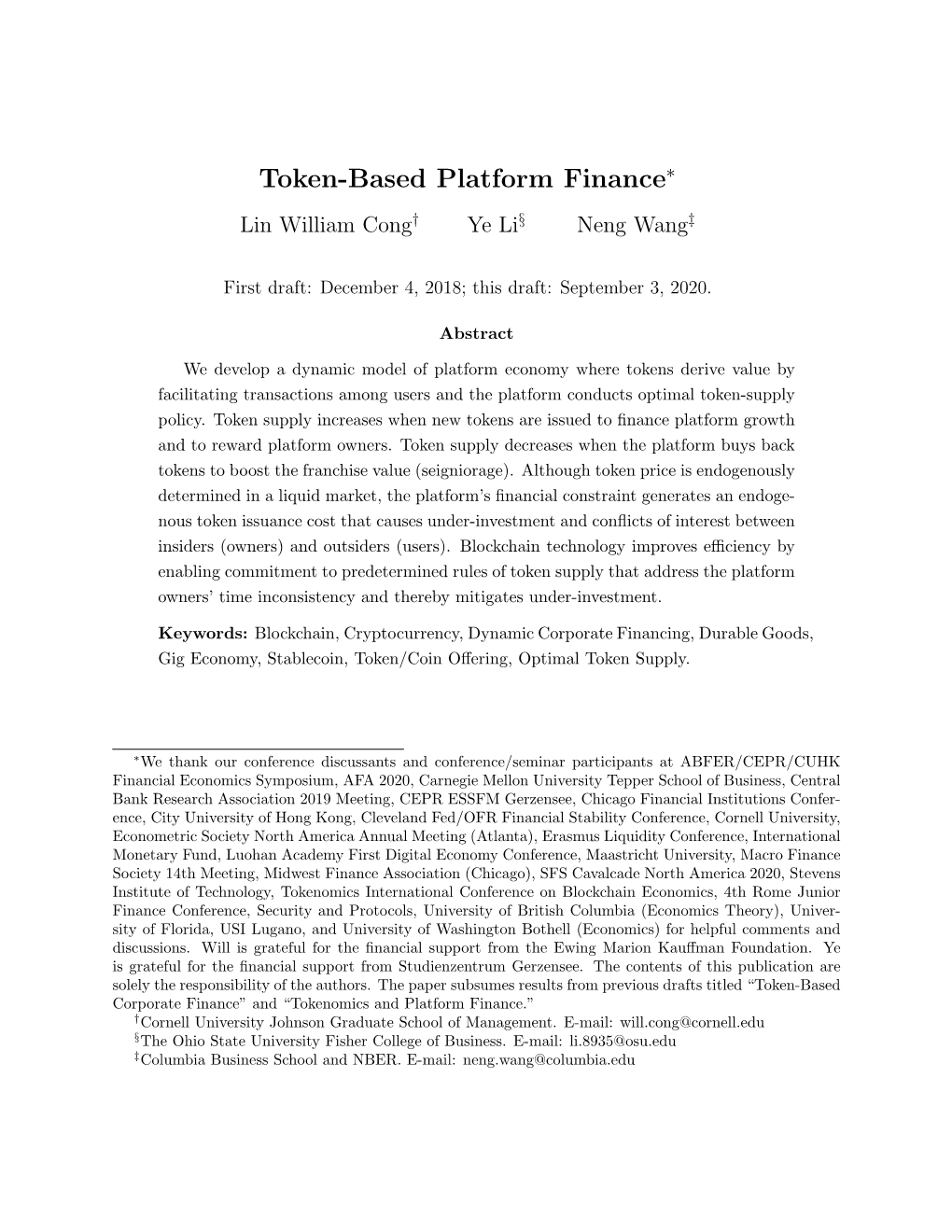 Token-Based Platform Finance∗ Lin William Cong† Ye Li§ Neng Wang‡