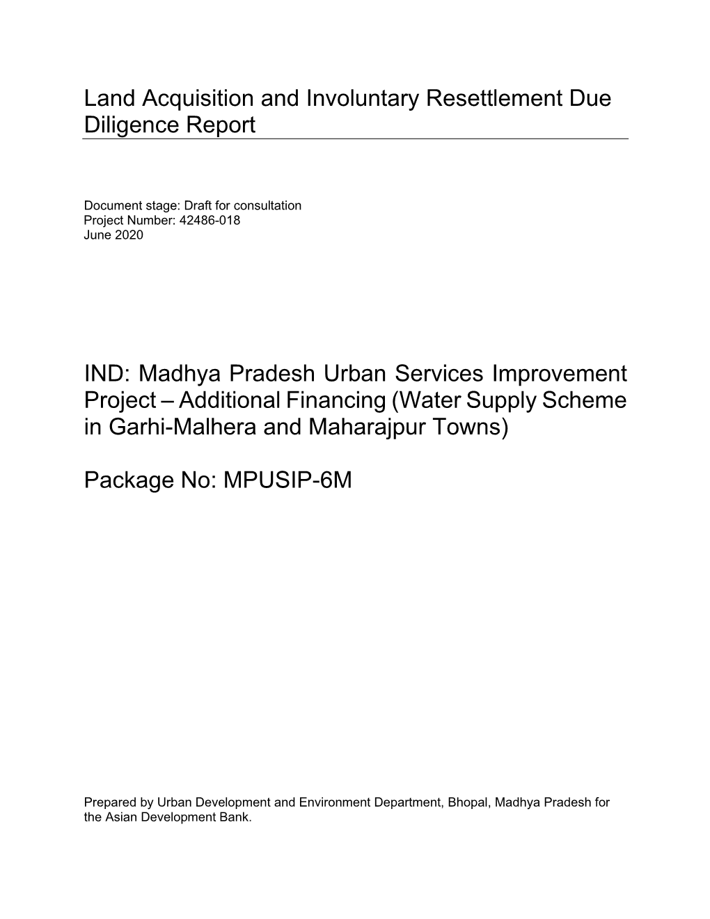 Madhya Pradesh Urban Services Improvement Project – Additional Financing (Water Supply Scheme in Garhi-Malhera and Maharajpur Towns)