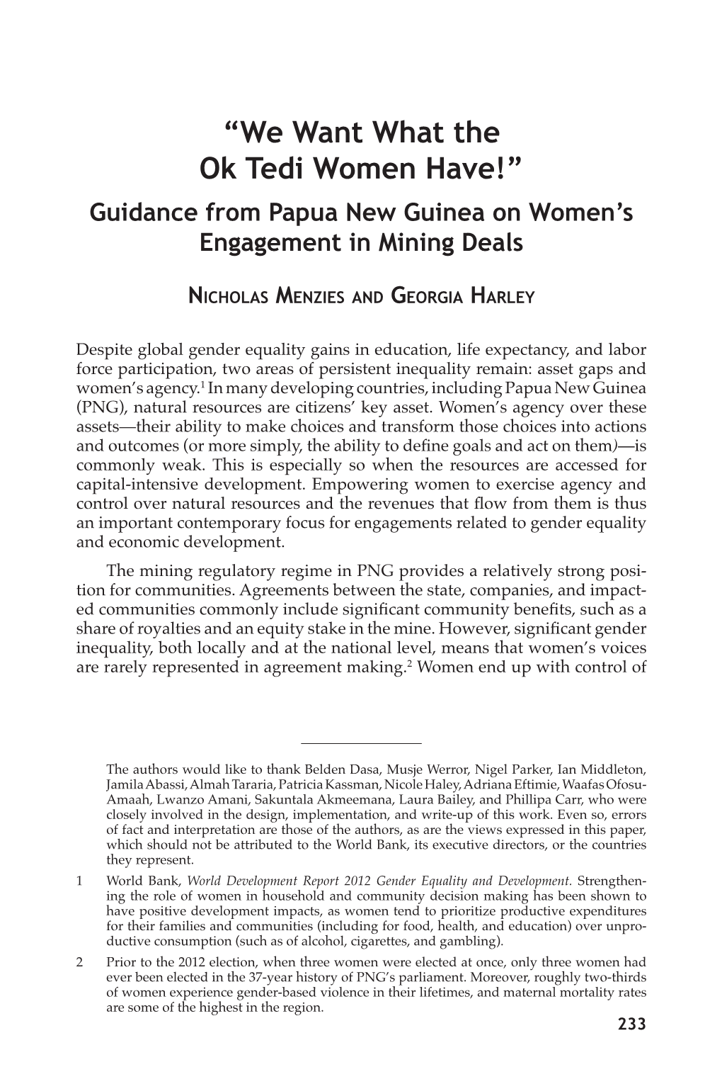 We Want What the Ok Tedi Women Have!” Guidance from Papua New Guinea on Women’S Engagement in Mining Deals