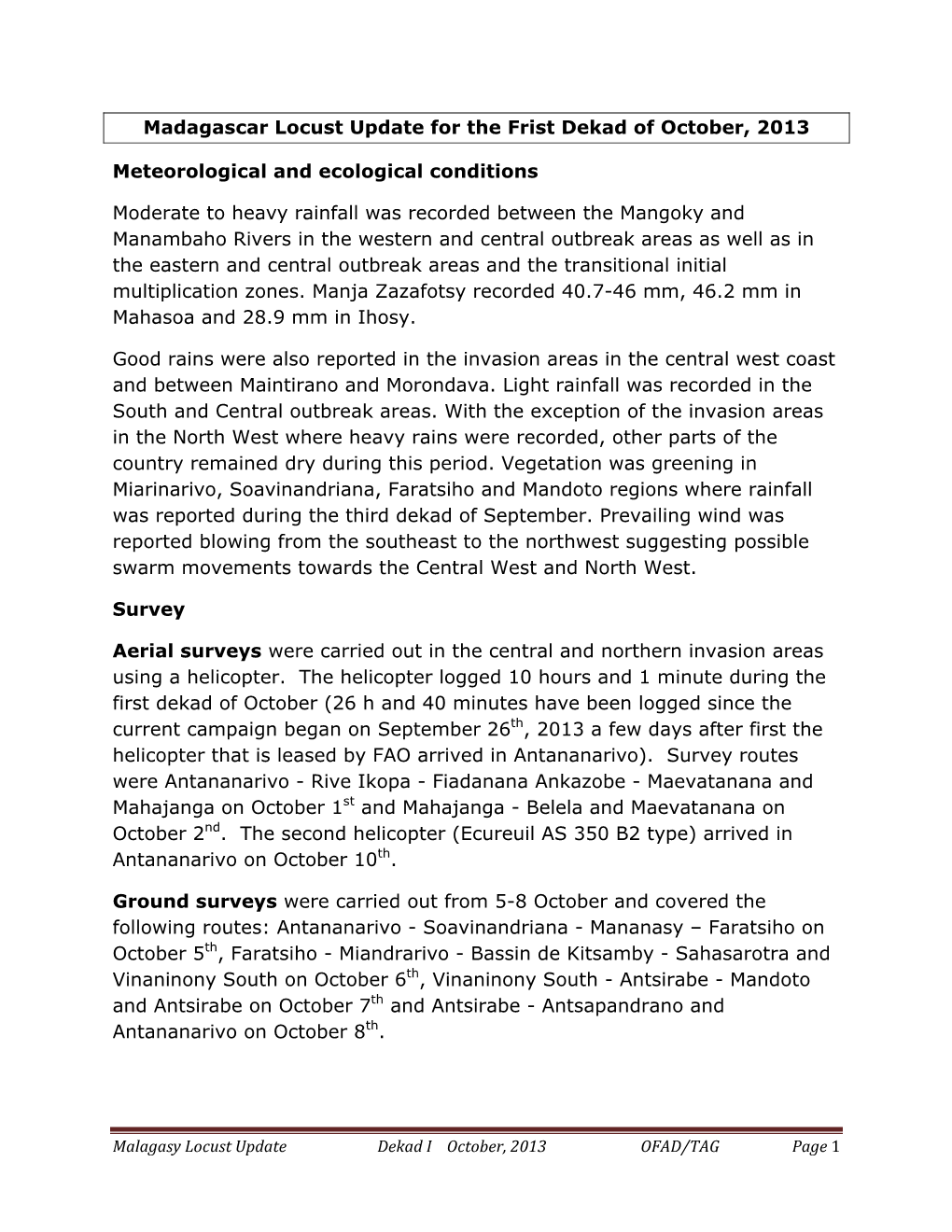 Madagascar Locust Update for the Frist Dekad of October 2013