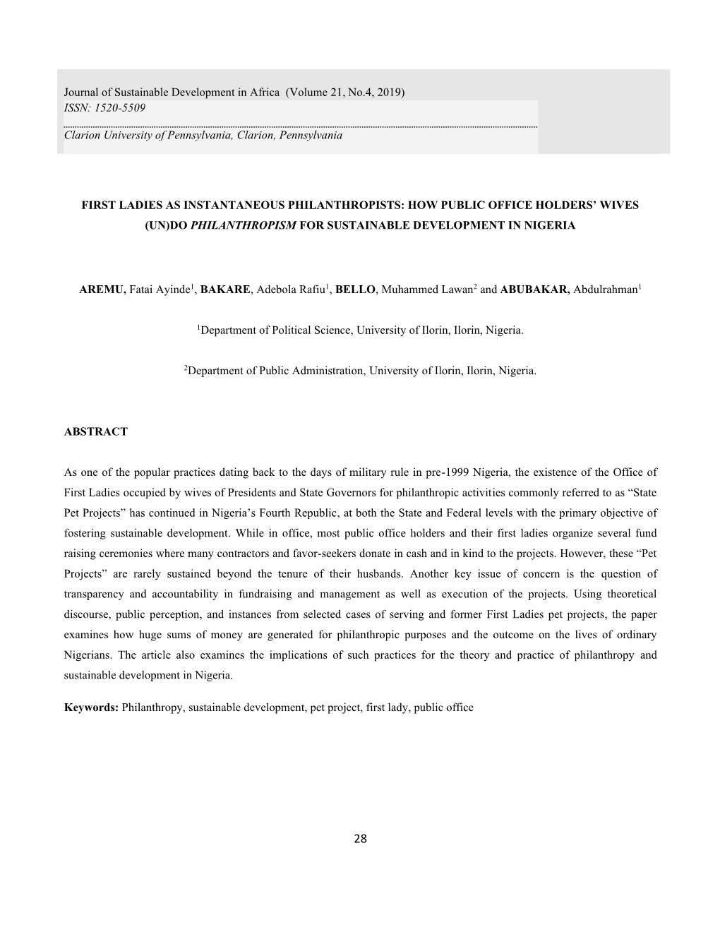 First Ladies As Instantaneous Philanthropists: How Public Office Holders’ Wives (Un)Do Philanthropism for Sustainable Development in Nigeria