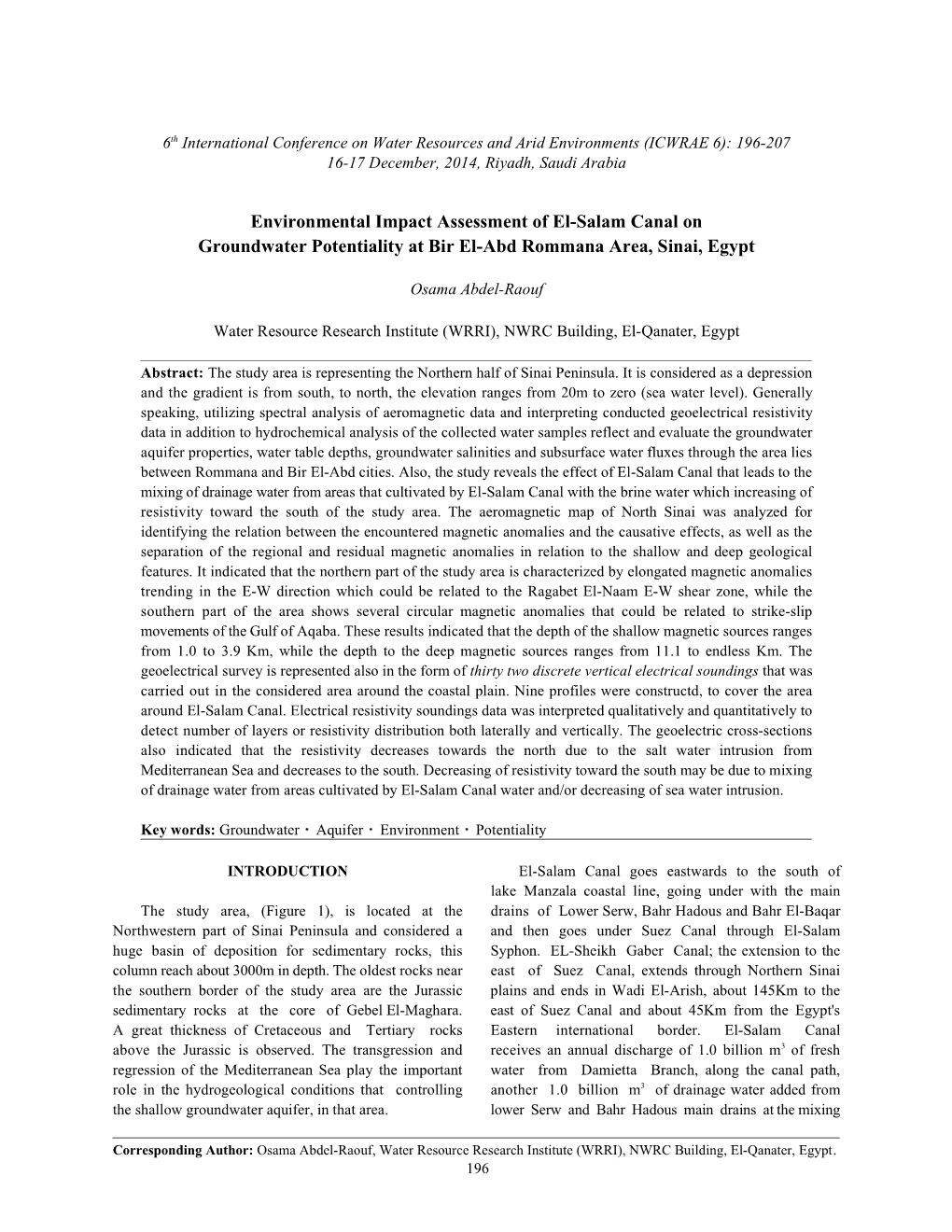 Environmental Impact Assessment of El-Salam Canal on Groundwater Potentiality at Bir El-Abd Rommana Area, Sinai, Egypt